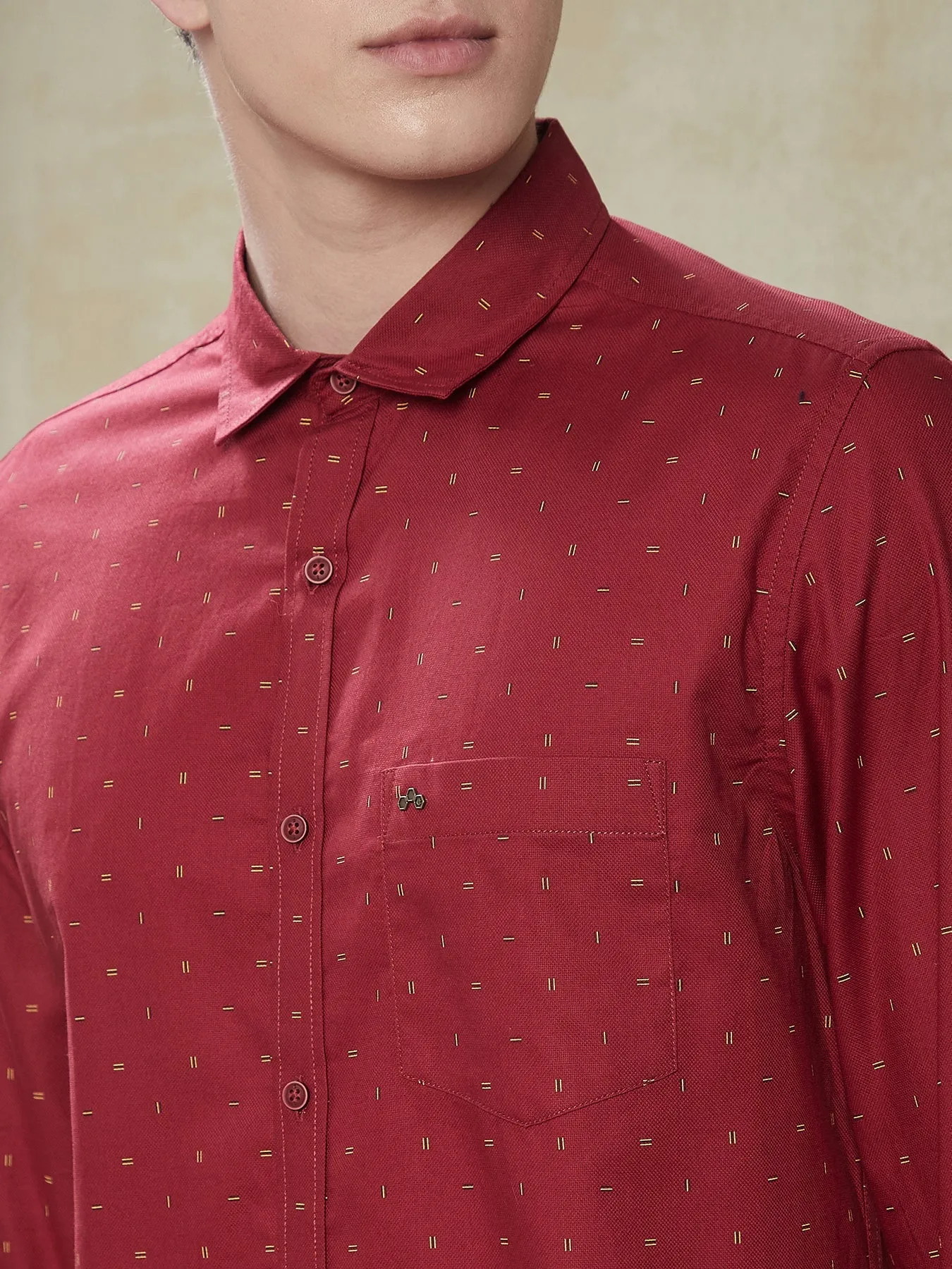 100% Cotton Red Slim Fit Full Sleeve Casual Mens Printed Shirt