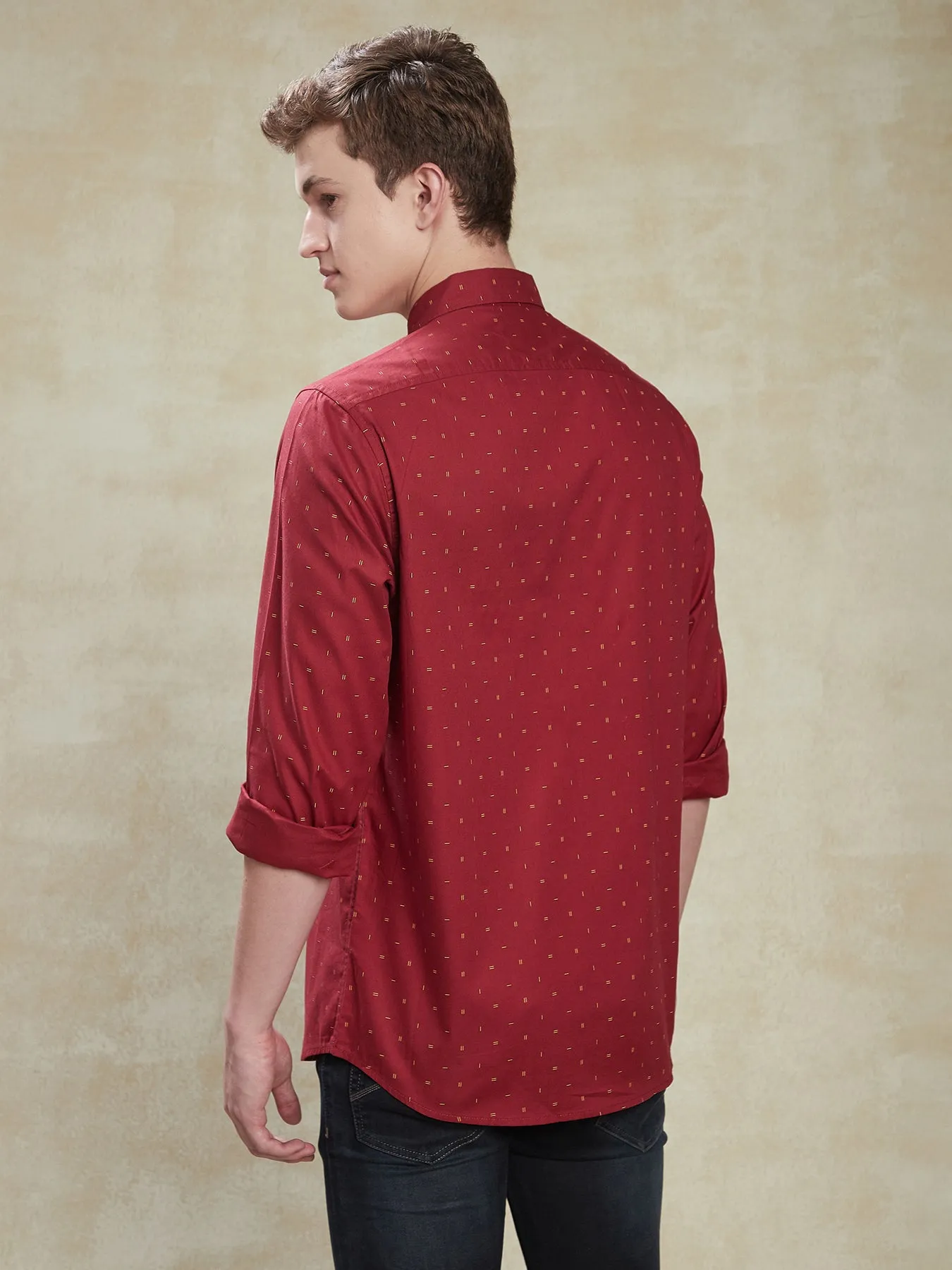 100% Cotton Red Slim Fit Full Sleeve Casual Mens Printed Shirt