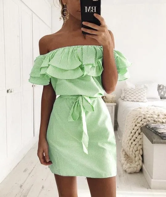 4 colour 2017 Summer Fashion Women's New Striped Dresses Sexy Ruffle Dress Casual Style Comfortable Pretty Canonicals with belt