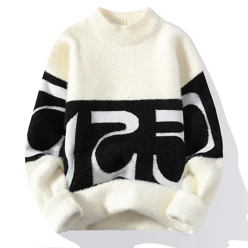 Autumn Winter New Fashion Round Neck Long Sleeve Patchwork Pullovers Men Clothing Loose Trend Knitting Sweater Men Korean Tops