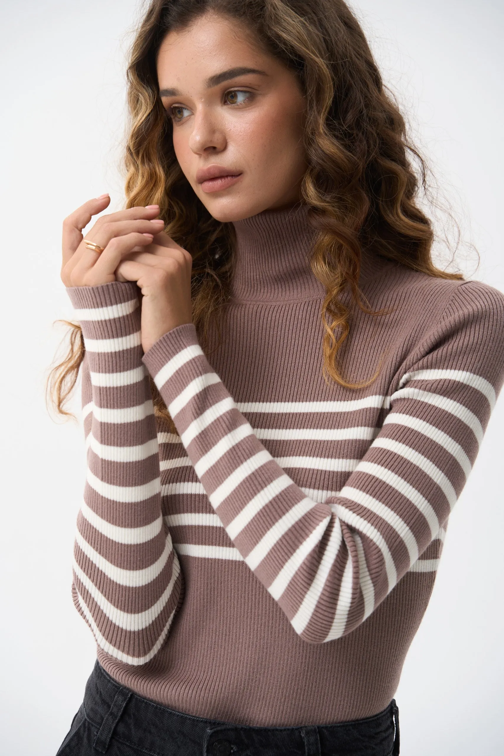 Beige turtleneck sweater with a milky stripe