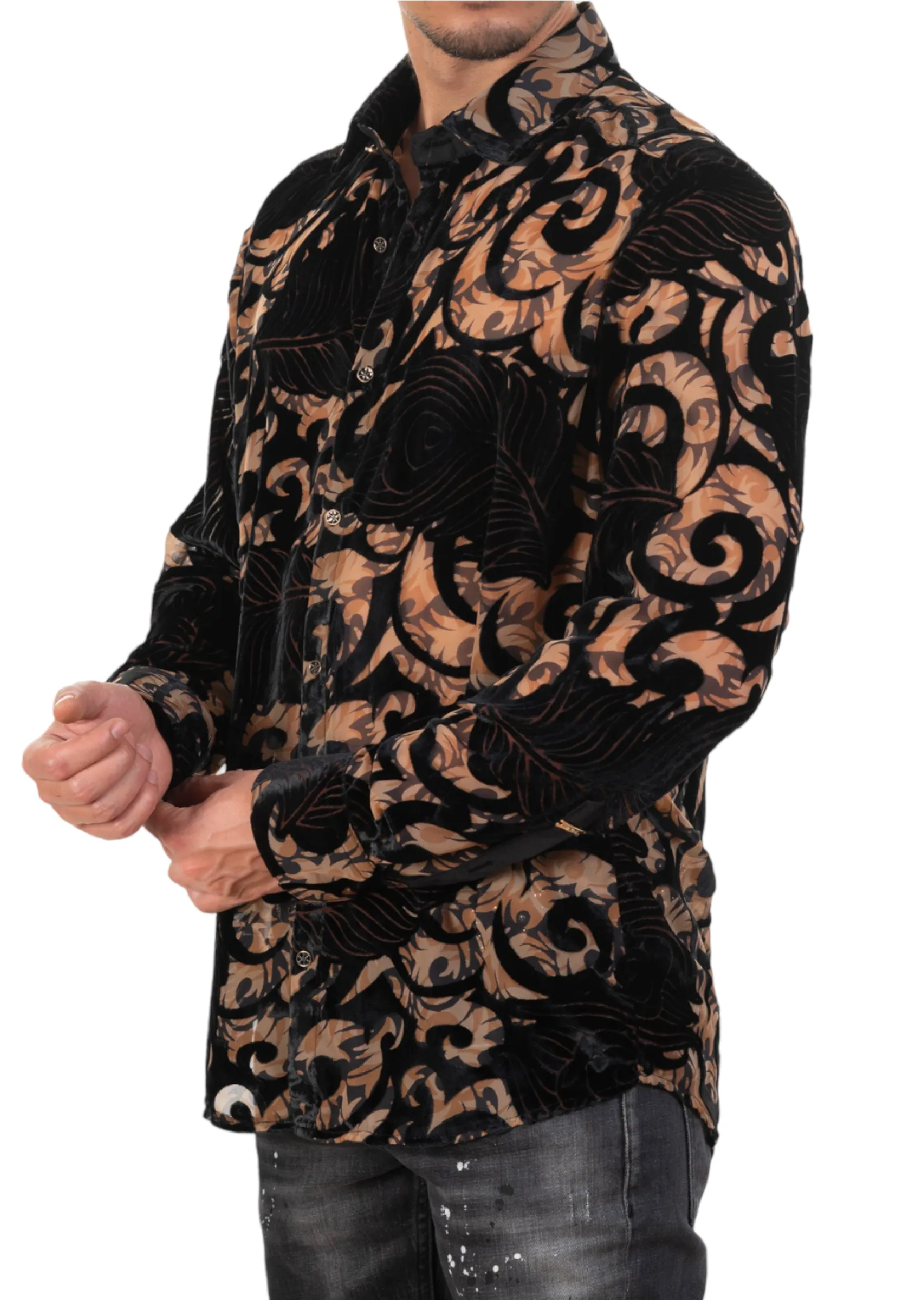 Black Baroque Leaf Velvet Shirt