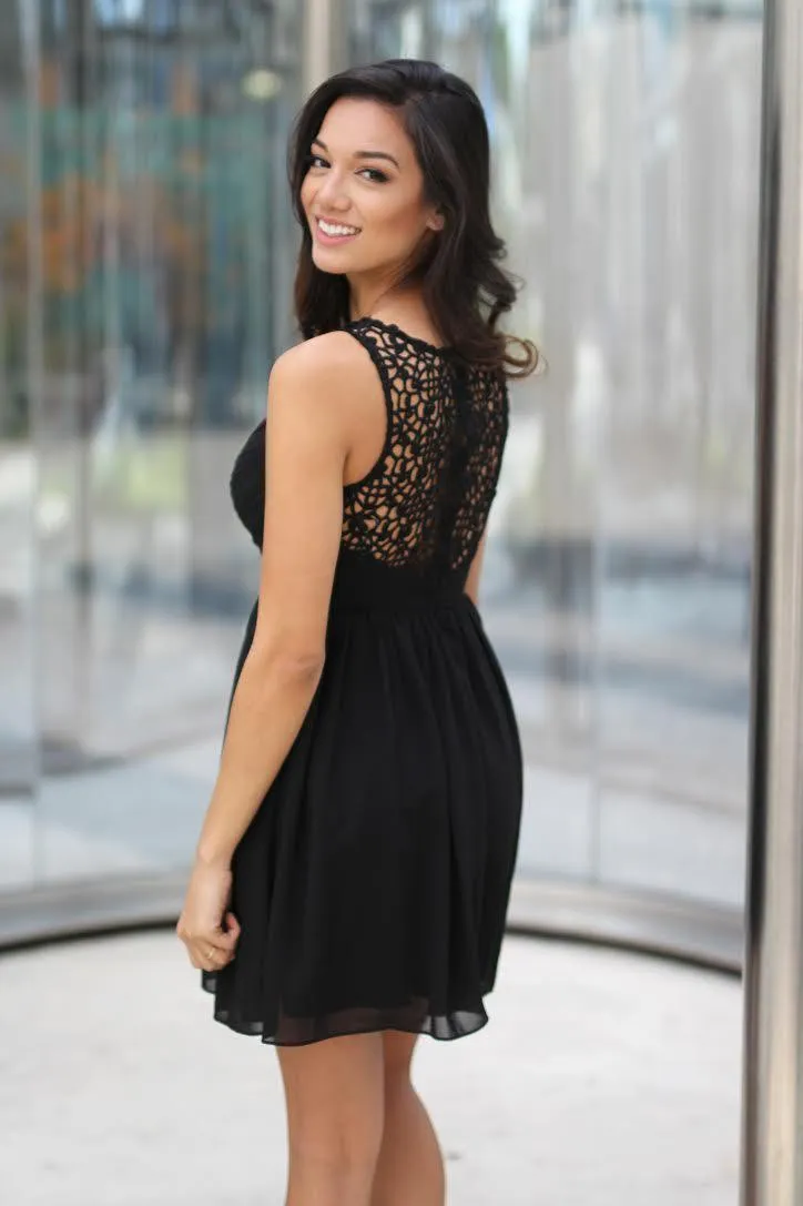 Black Crochet Short Dress With Pleated Skirt