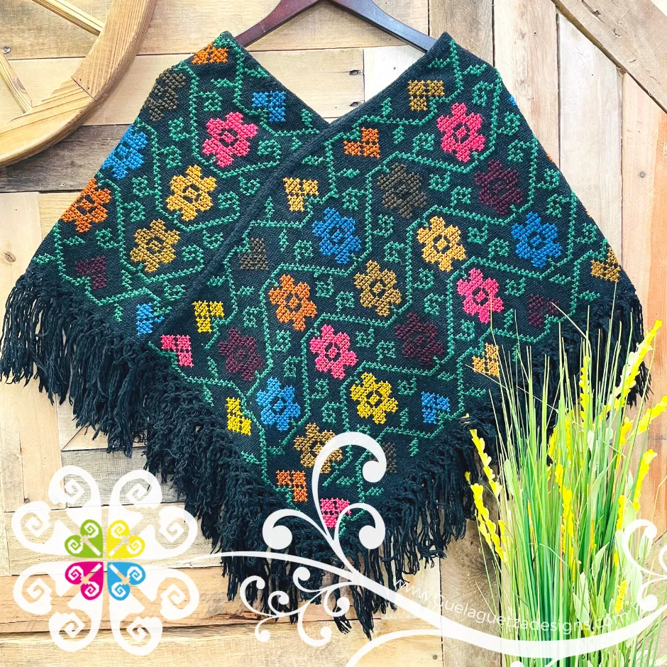 Black Floral Design Embroider Poncho - Mañanita