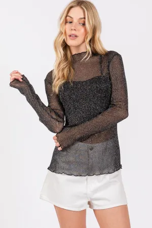 Black Metallic Mesh Long Sleeve Top