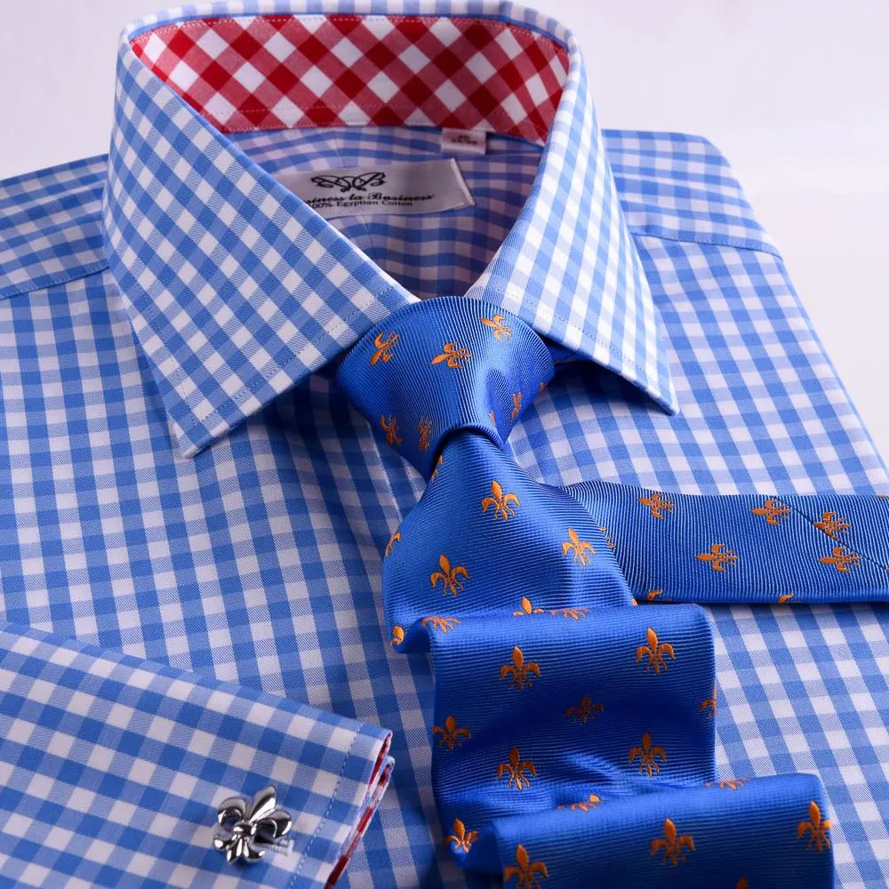 Blue Designer Gingham Check Formal Business Dress Shirt With  Red Checkered Fashion Inner Lining