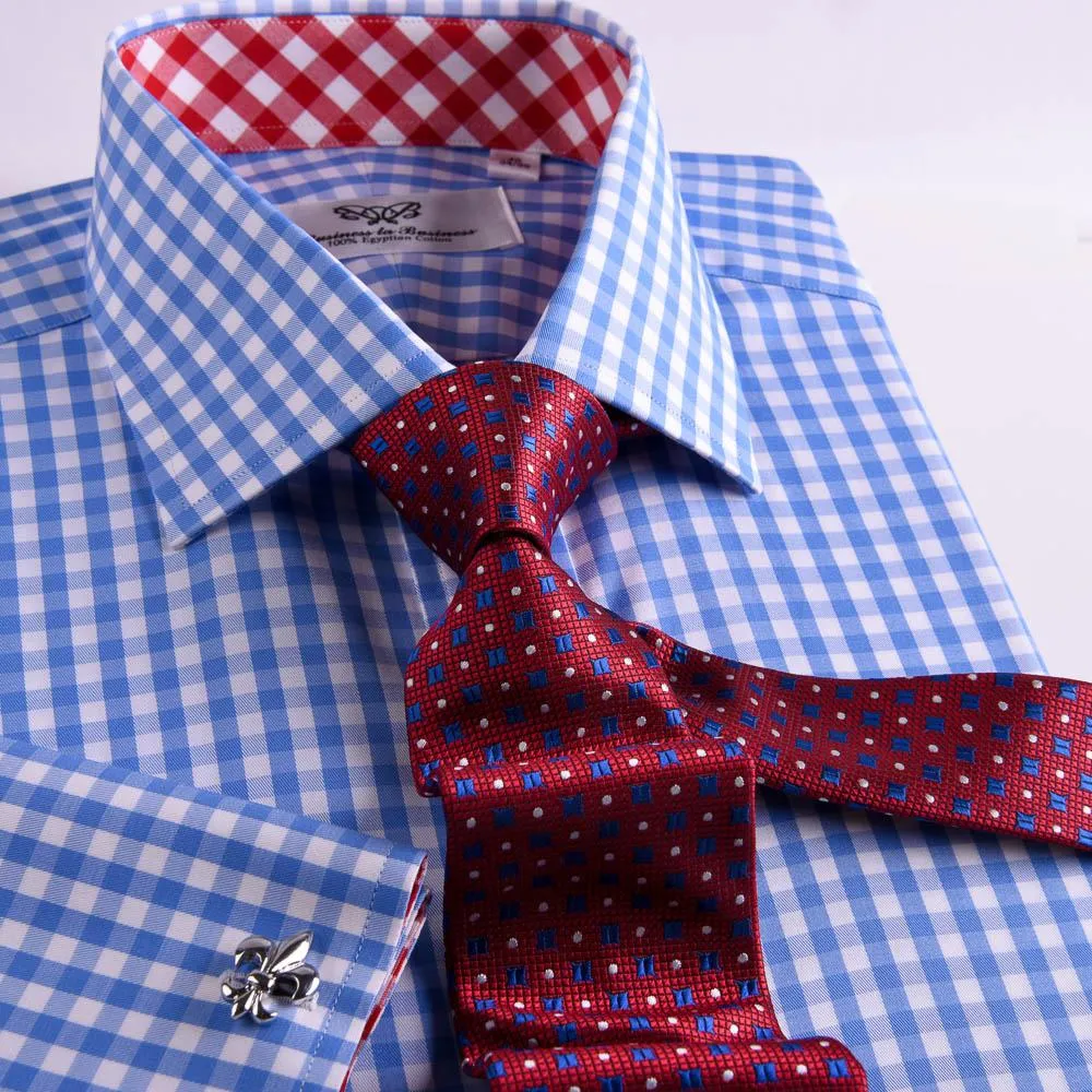 Blue Designer Gingham Check Formal Business Dress Shirt With  Red Checkered Fashion Inner Lining