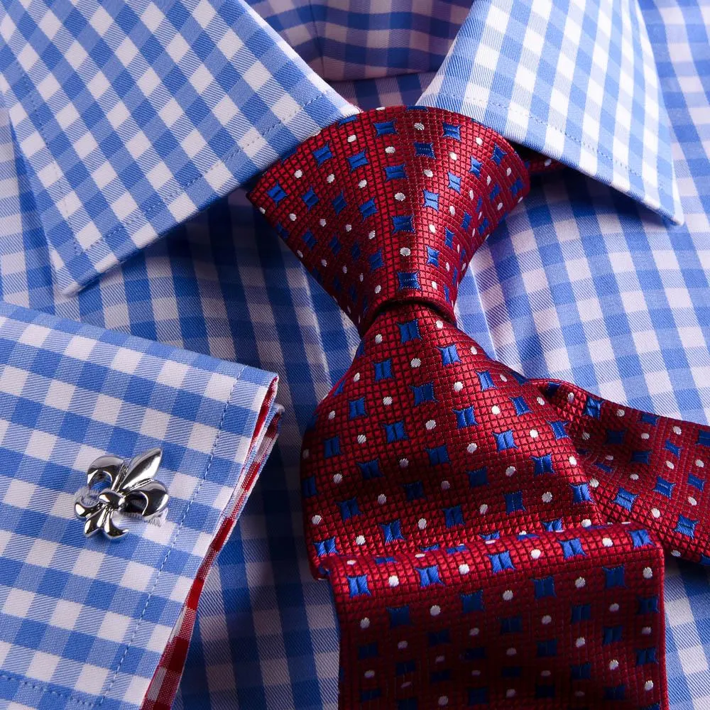 Blue Designer Gingham Check Formal Business Dress Shirt With  Red Checkered Fashion Inner Lining