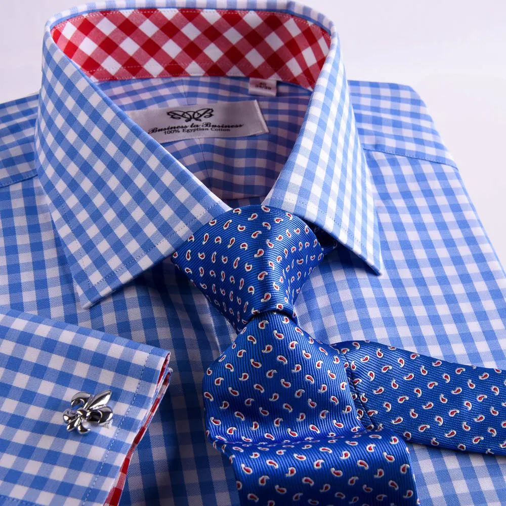 Blue Designer Gingham Check Formal Business Dress Shirt With  Red Checkered Fashion Inner Lining