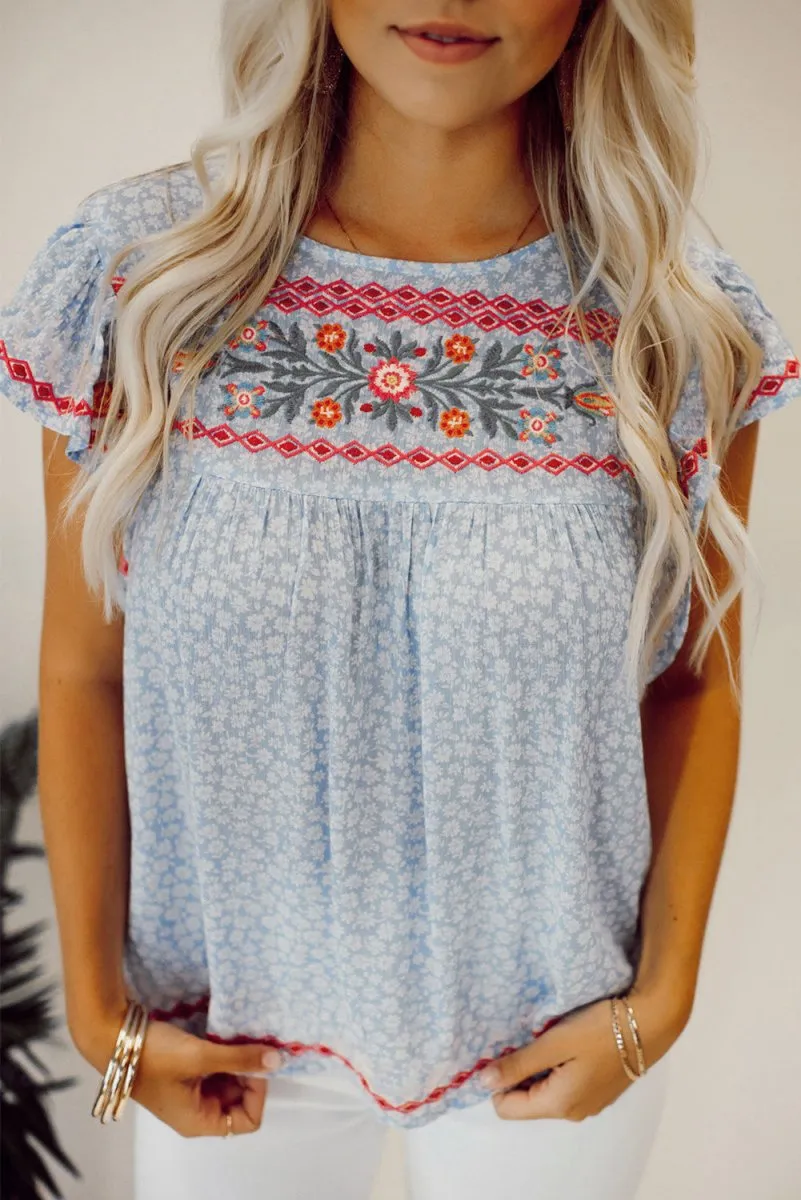 Boho Baby Blue Embroidered Floral Blouse