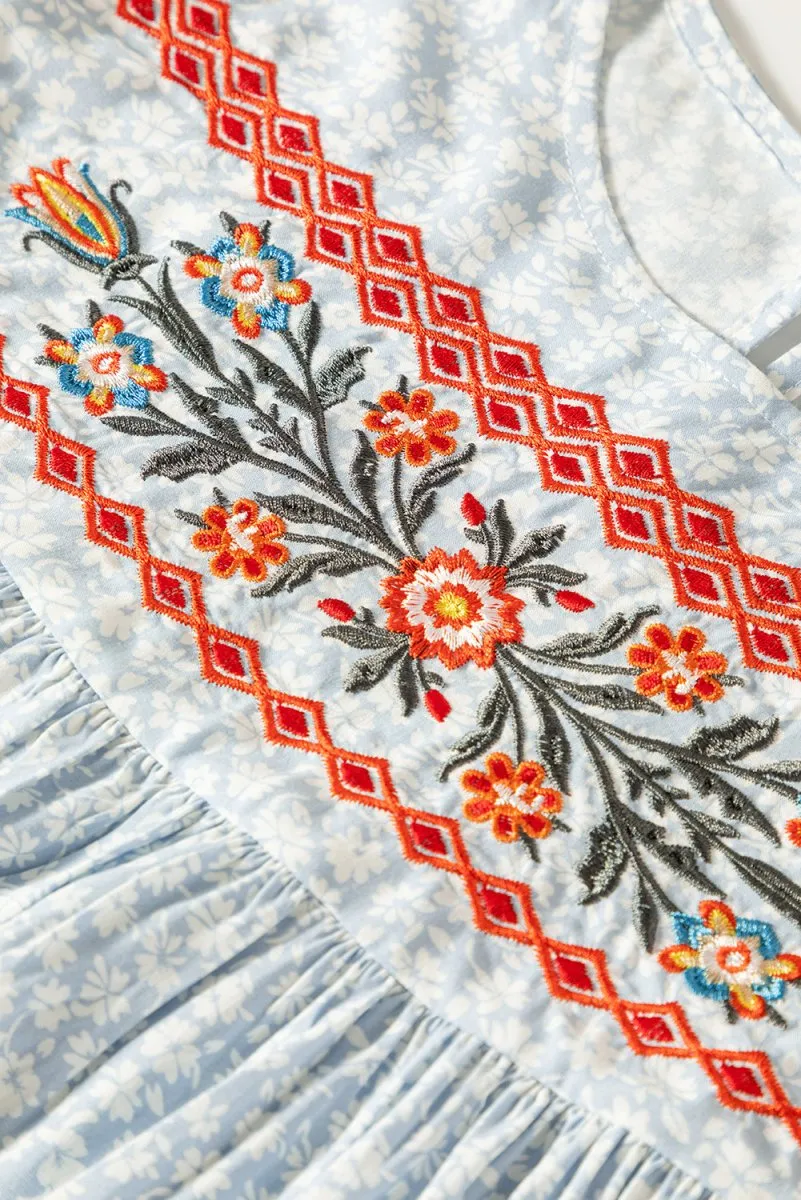 Boho Baby Blue Embroidered Floral Blouse