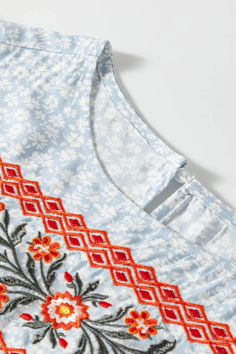 Boho Baby Blue Embroidered Floral Blouse