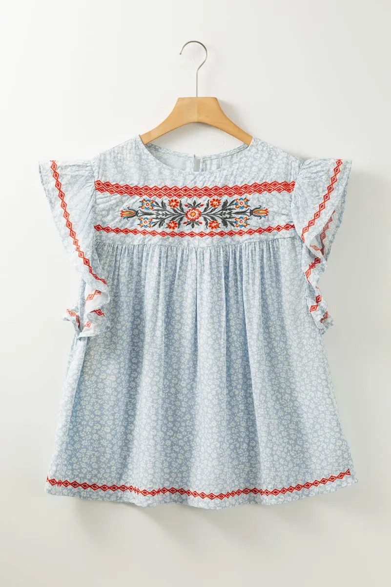 Boho Baby Blue Embroidered Floral Blouse