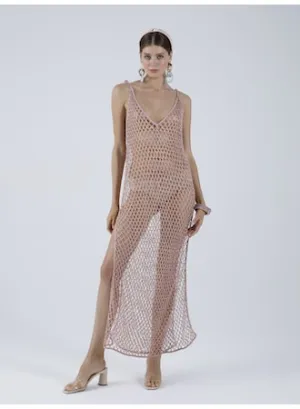 Cassia Hand Crochet Maxi Dress in Pearl Blush Pink