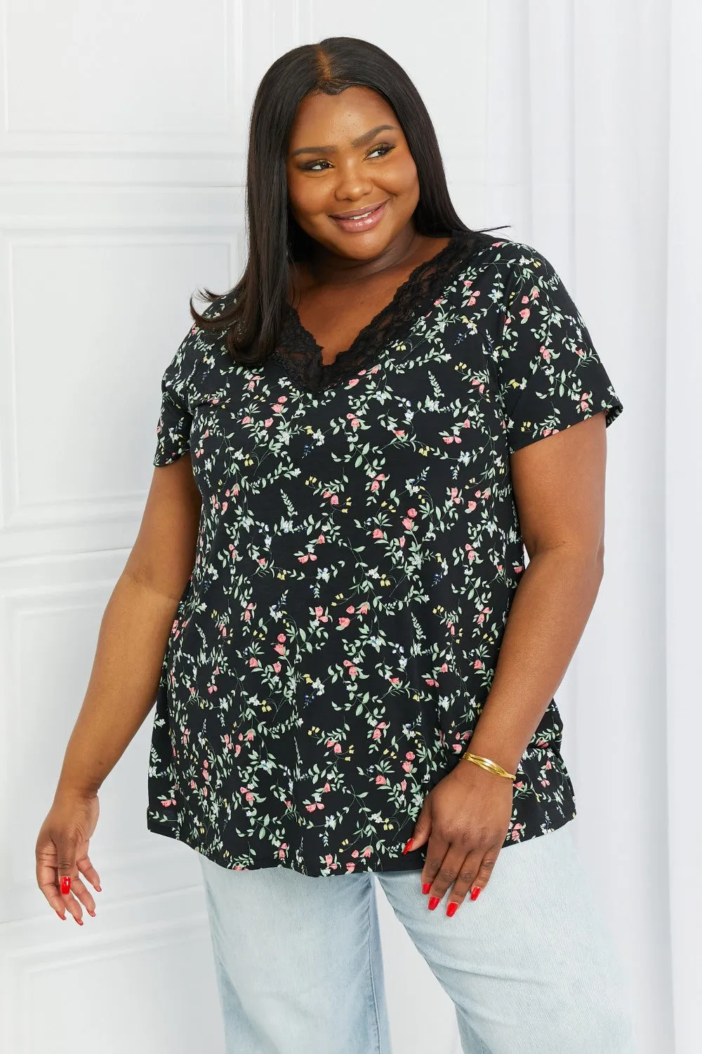 Celeste You Grow Girl Full Size Floral V-Neck Top in Black/Floral