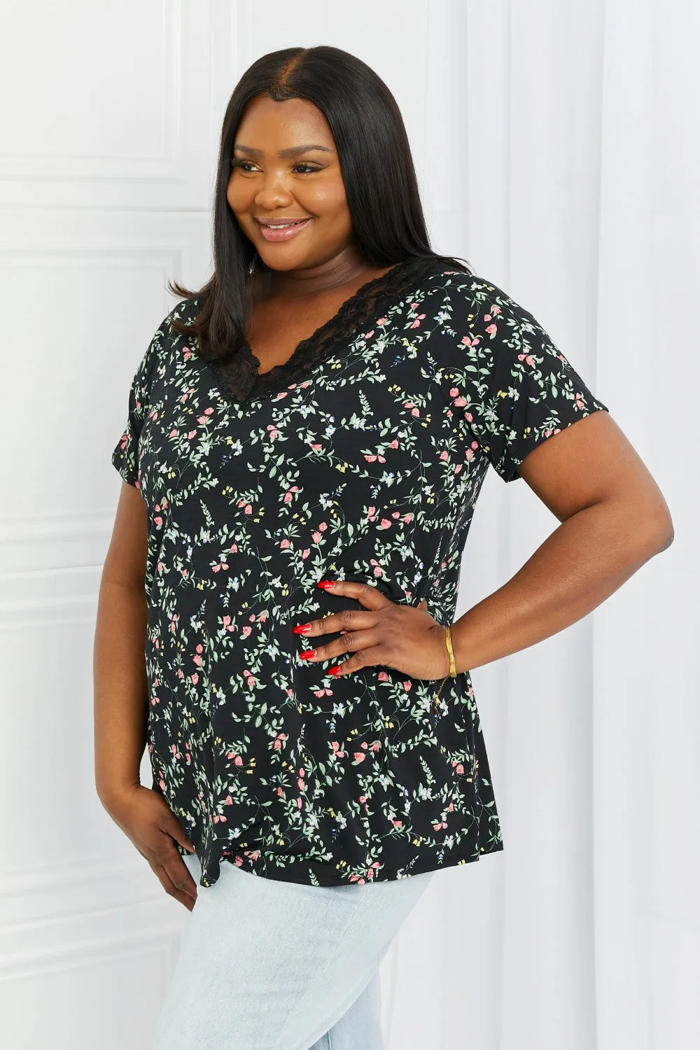 Celeste You Grow Girl Full Size Floral V-Neck Top in Black/Floral