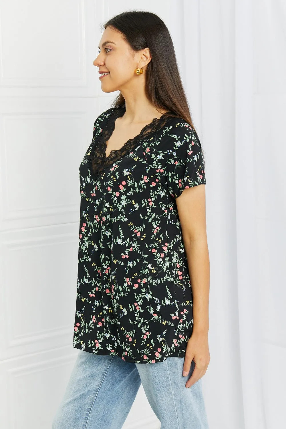 Celeste You Grow Girl Full Size Floral V-Neck Top in Black/Floral