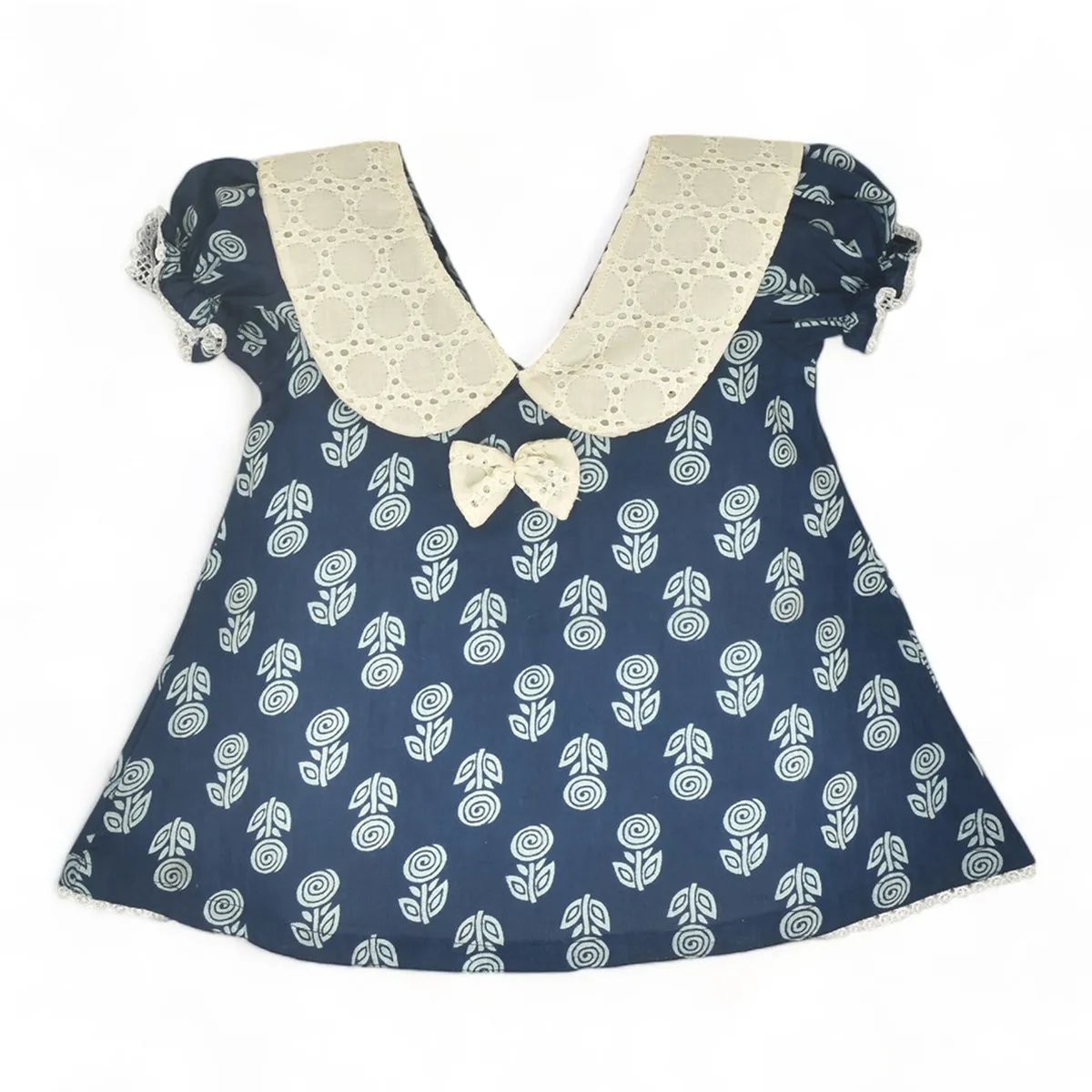 Cotton Dress for Baby Girl | Rose Design | Indigo Blue