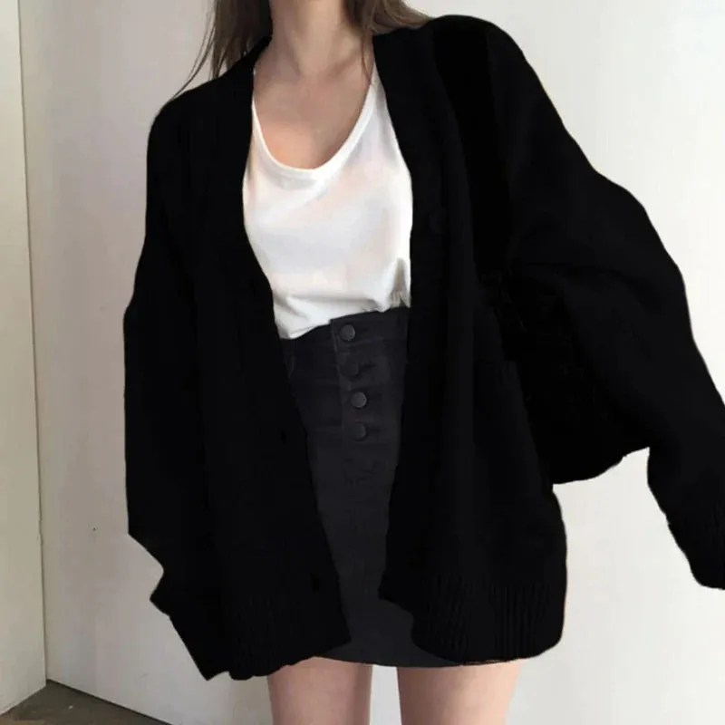 deanwangkt Autumn Women's Sweater Fashion V-neck Vintage Knitted Cardigan Korean Loose Solid Sweaters Female