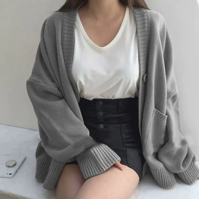 deanwangkt Autumn Women's Sweater Fashion V-neck Vintage Knitted Cardigan Korean Loose Solid Sweaters Female