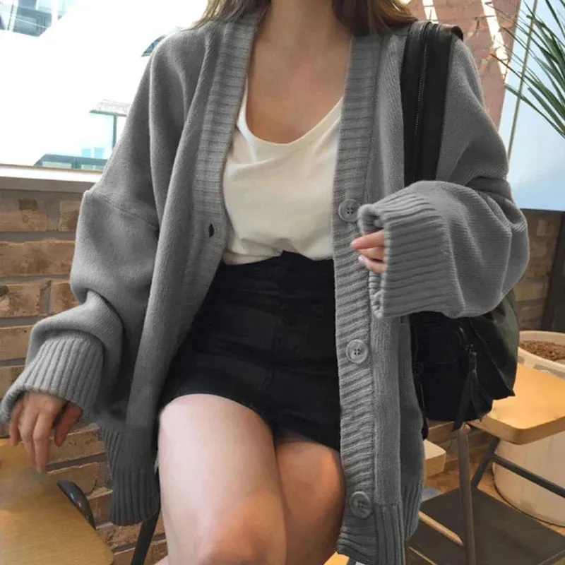 deanwangkt Autumn Women's Sweater Fashion V-neck Vintage Knitted Cardigan Korean Loose Solid Sweaters Female