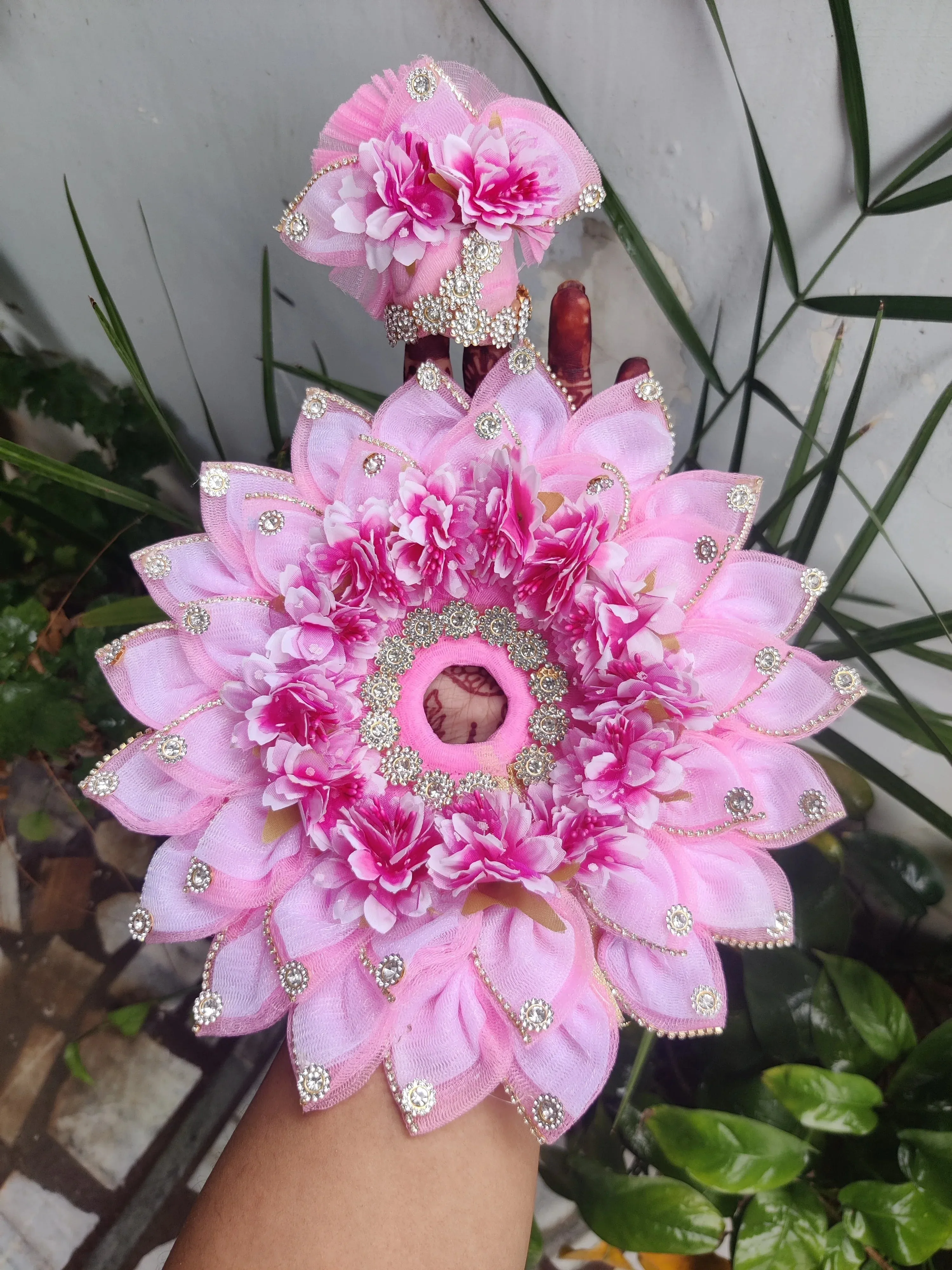 Diwali special baby pink flower laddu gopal dress with pagdi and choli