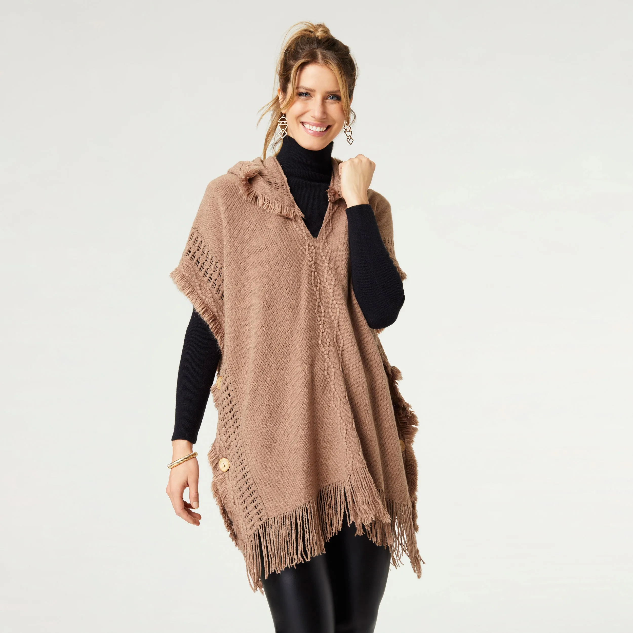 Eloise Hooded Poncho with Frayed Fringe - Mushroom