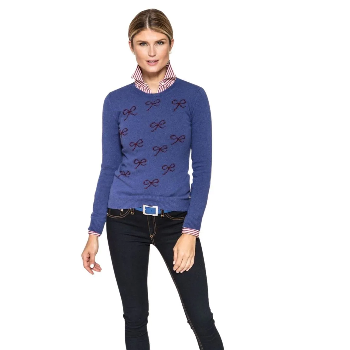 Felicity Sweater in Navy with Burgundy Bows