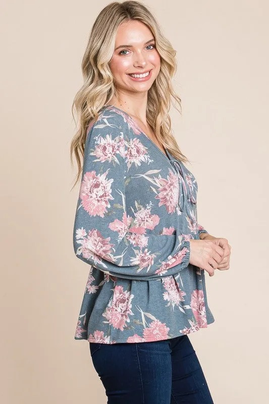 Full Size Babydoll Floral Long Sleeve Blouse