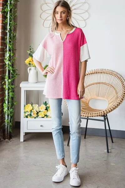 Full Size Contrast Waffle-Knit Half Sleeve Blouse