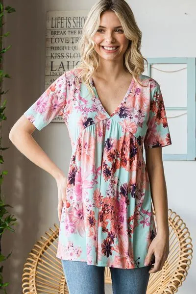 Full Size Floral V-Neck Short Sleeve Babydoll Blouse