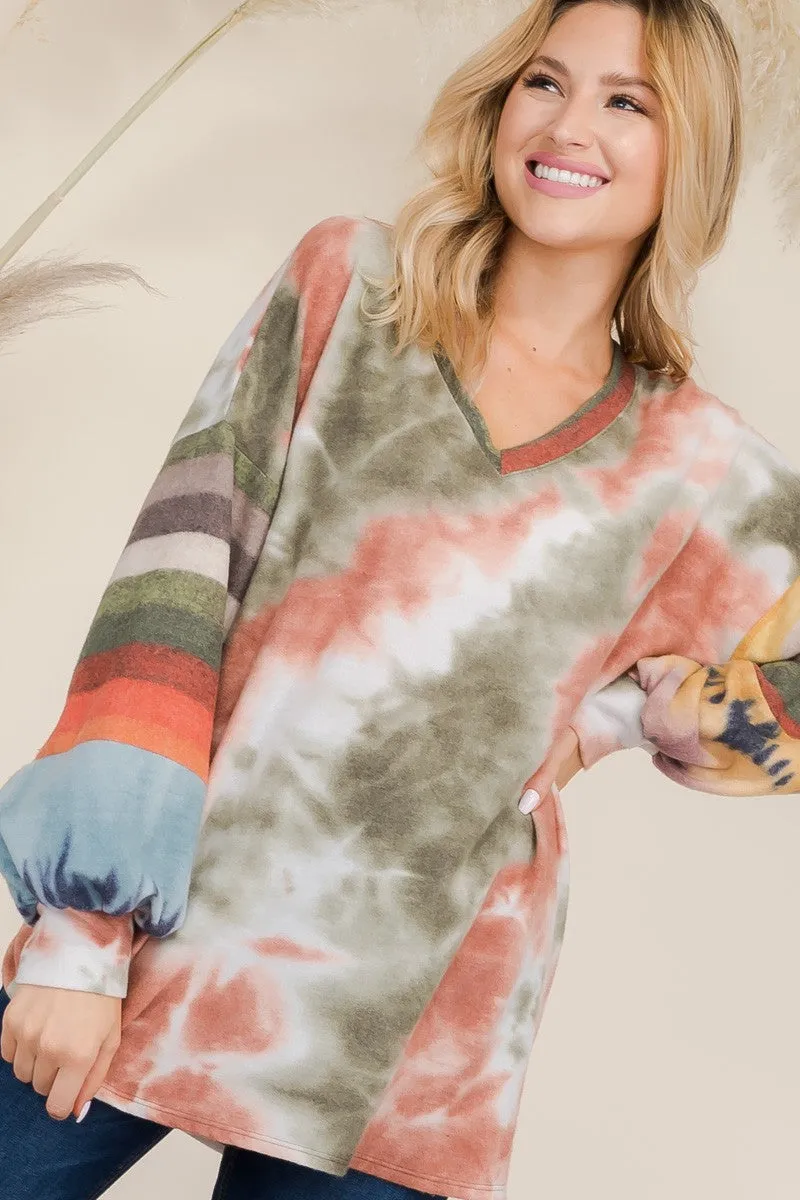 Full Size Tie-Dye Contrast Striped V-Neck Long Sleeve Blouse