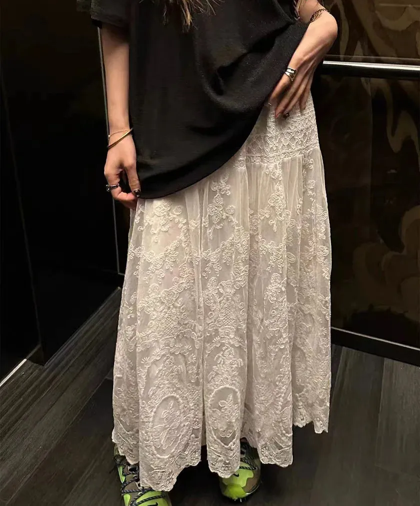 Girlary Lace Jacquard White Long Skirt Women 2024 New Casual Simple Elastic Waist A-line Faldas Bottom Korean Fashion Chic Midi Skirts