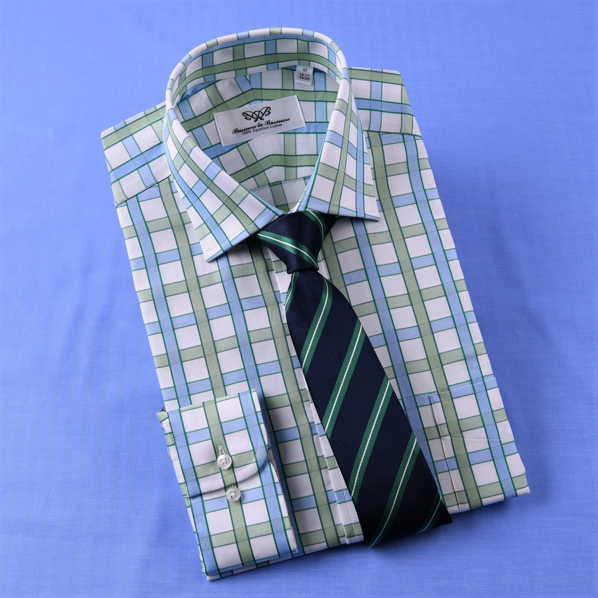 Green Blue Herringbone Twill Checkered Striped Formal Business Dress Shirt Luxury Design