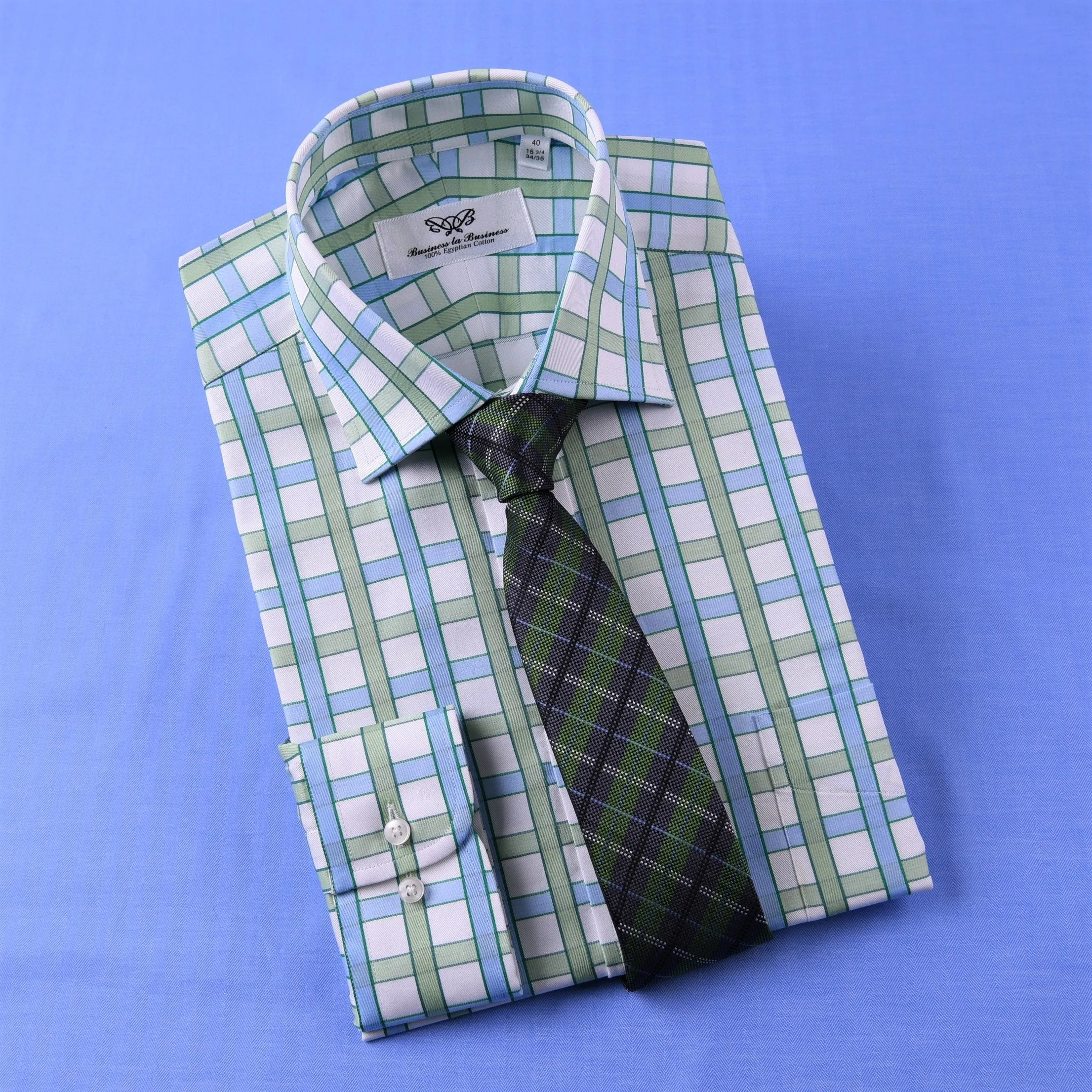 Green Blue Herringbone Twill Checkered Striped Formal Business Dress Shirt Luxury Design