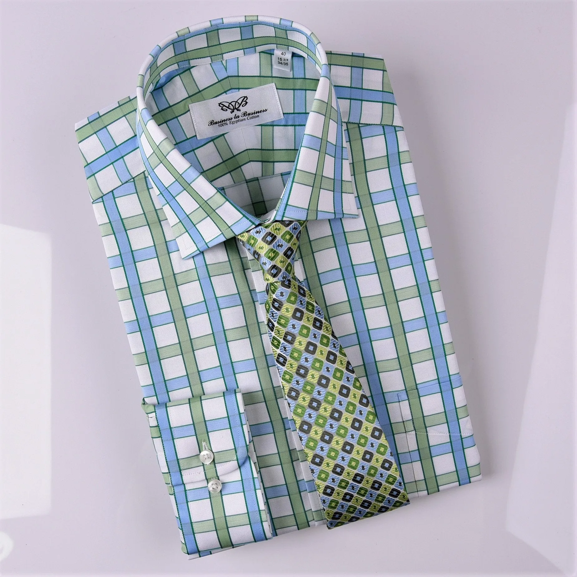 Green Blue Herringbone Twill Checkered Striped Formal Business Dress Shirt Luxury Design