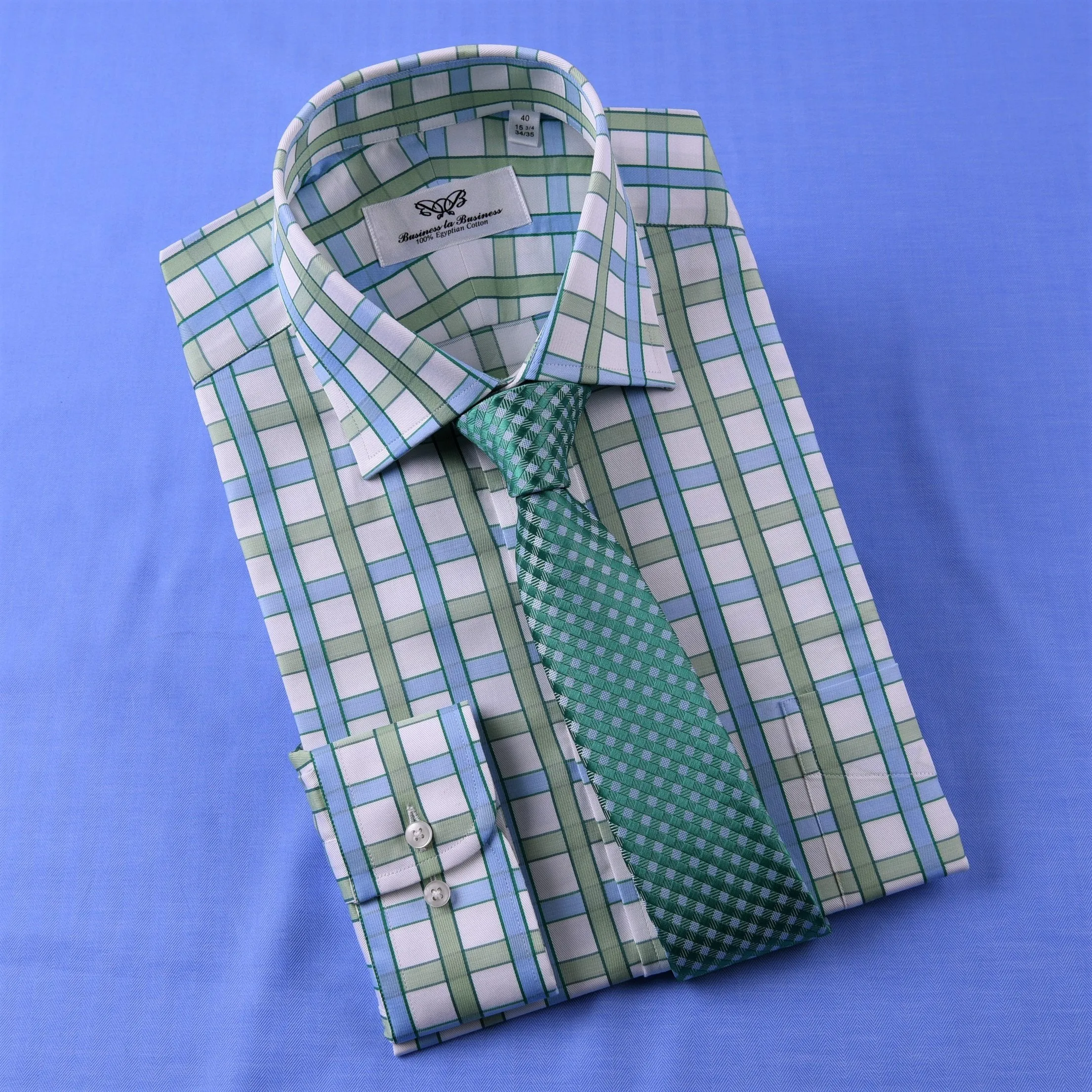 Green Blue Herringbone Twill Checkered Striped Formal Business Dress Shirt Luxury Design