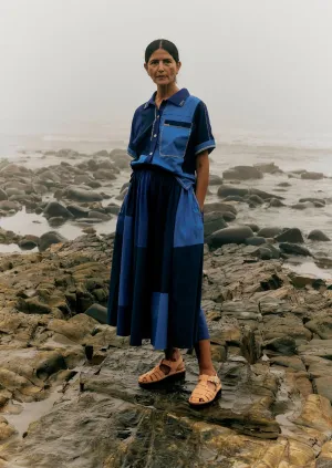 Hand Embroidered Cotton Patchwork Shirt, Mixed Blues