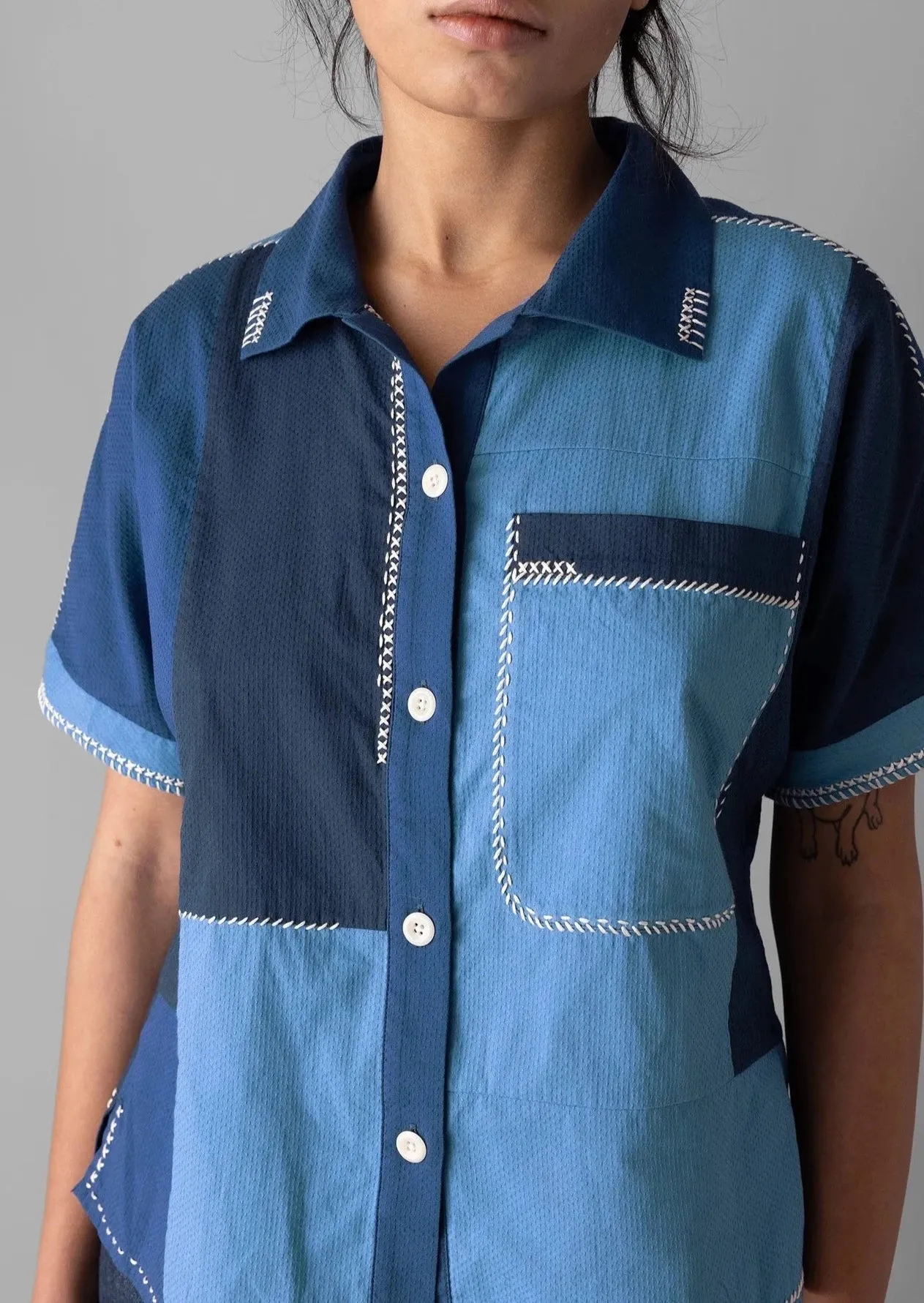 Hand Embroidered Cotton Patchwork Shirt, Mixed Blues