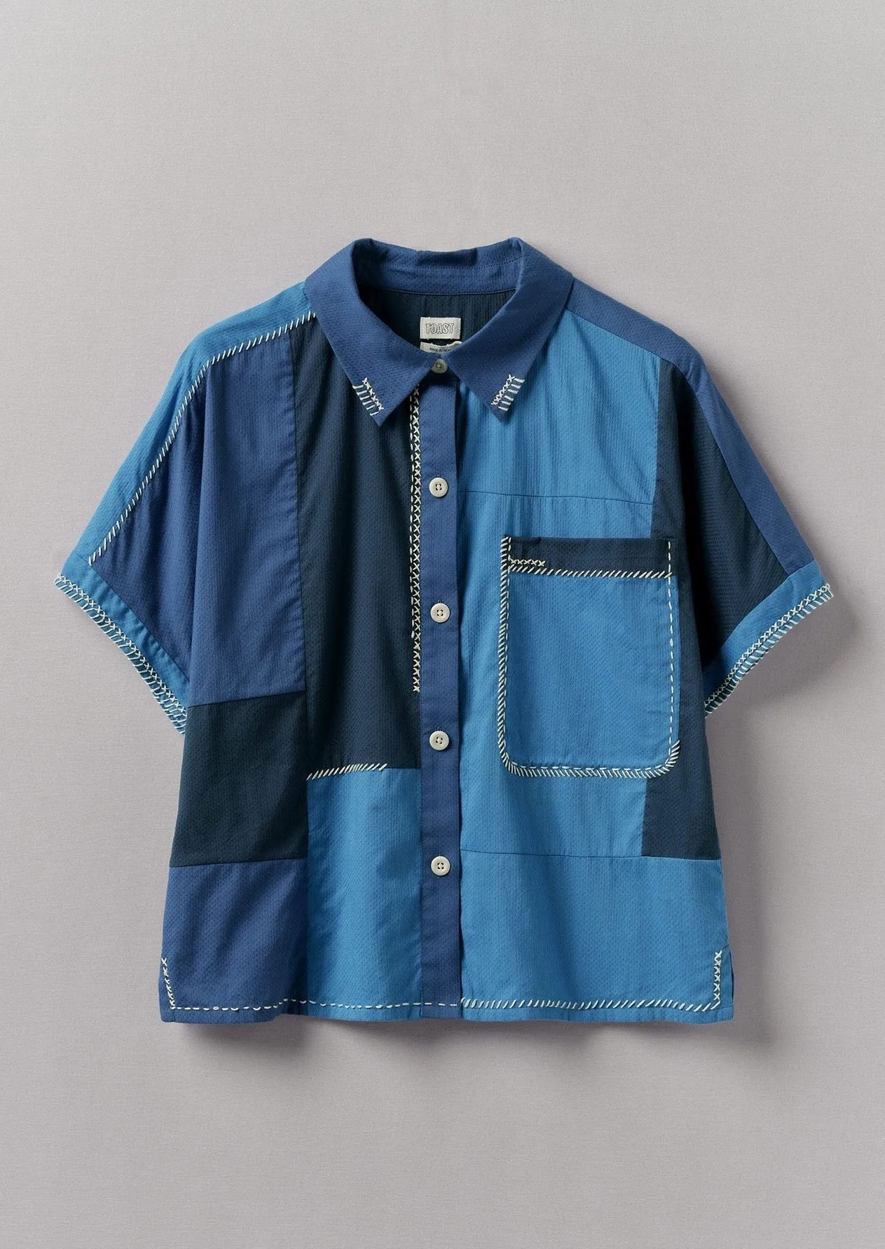 Hand Embroidered Cotton Patchwork Shirt, Mixed Blues