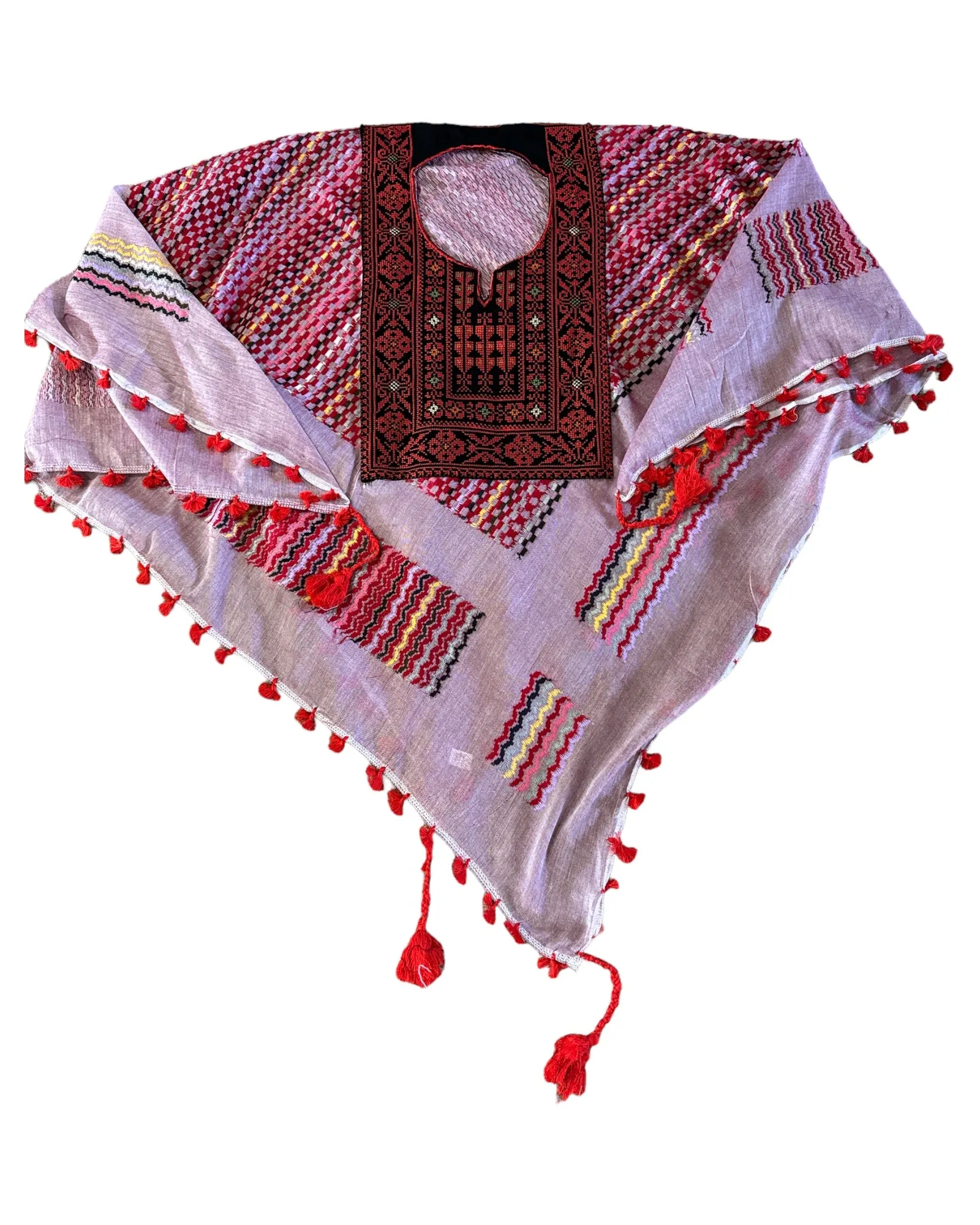 Hand Stitched Pink & Multi-Coloured Poncho with Keffiyeh design and Embroidery