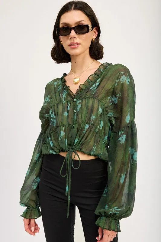 Hot Girl Forest Muse  Button Front Ruffled Long Sleeve Blouse