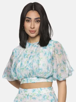 IS.U Floral White Puffed Crop Top