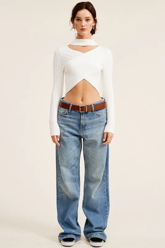 Ivory Overlap Knit Mock Neck Crop Sweater Top