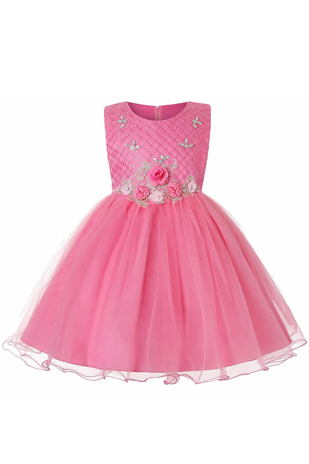 Kids Girls Lovely Flower Attatched Sleeveless Easy Round Neck Soft & Comfortable Party Dress - KGDC39555