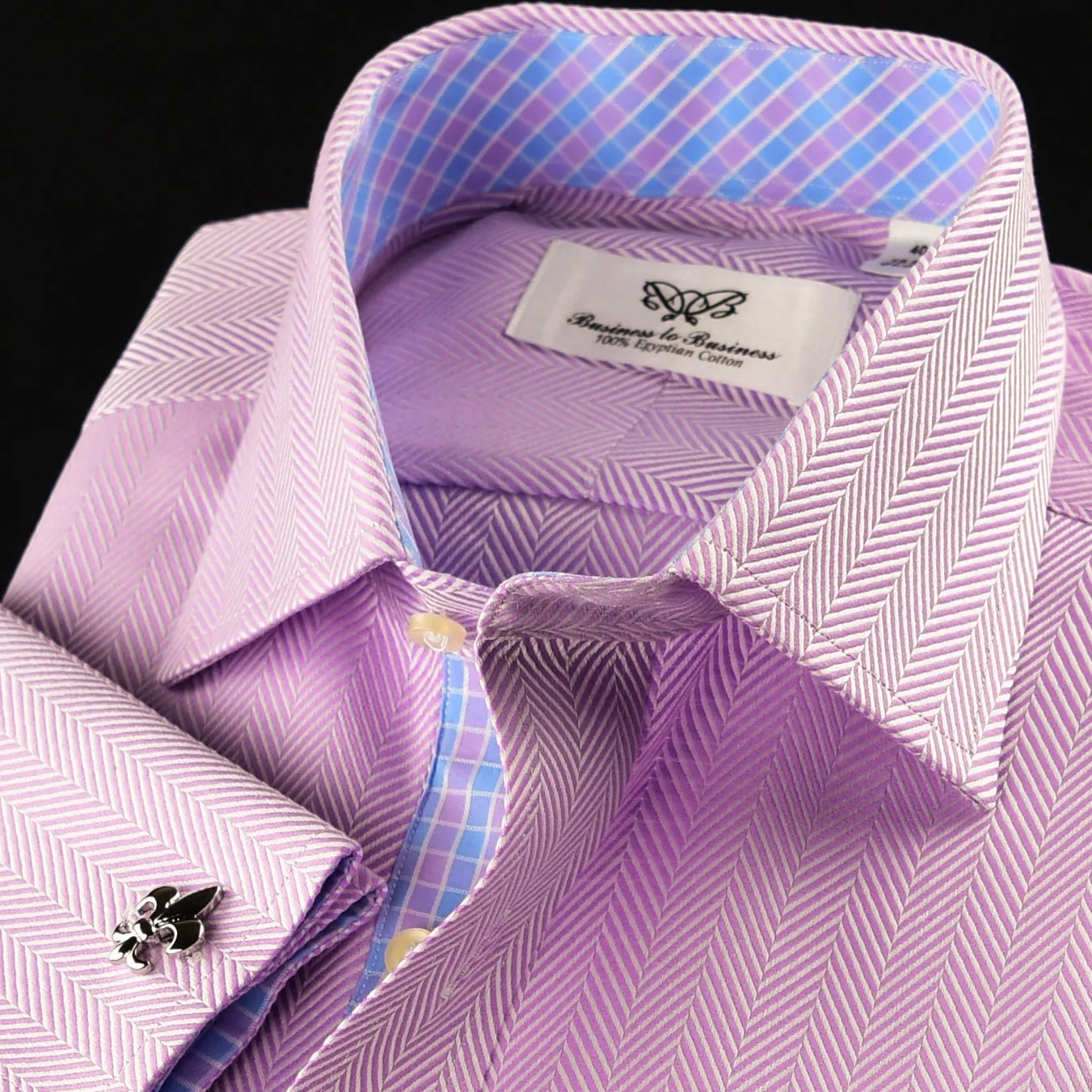 Lilac Herringbone Dress Shirt Luxury With Fancy Boss Inner Lining Double Cuff