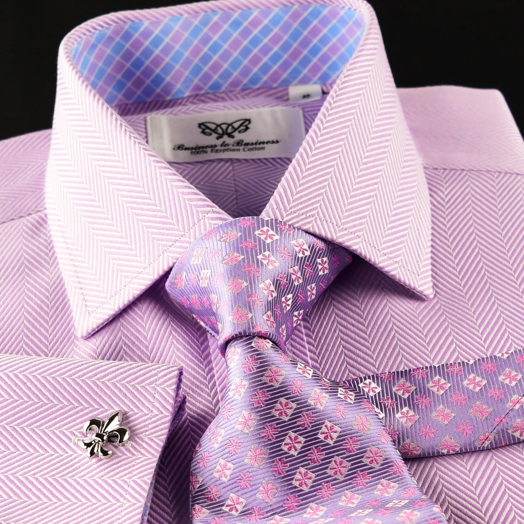 Lilac Herringbone Dress Shirt Luxury With Fancy Boss Inner Lining Double Cuff