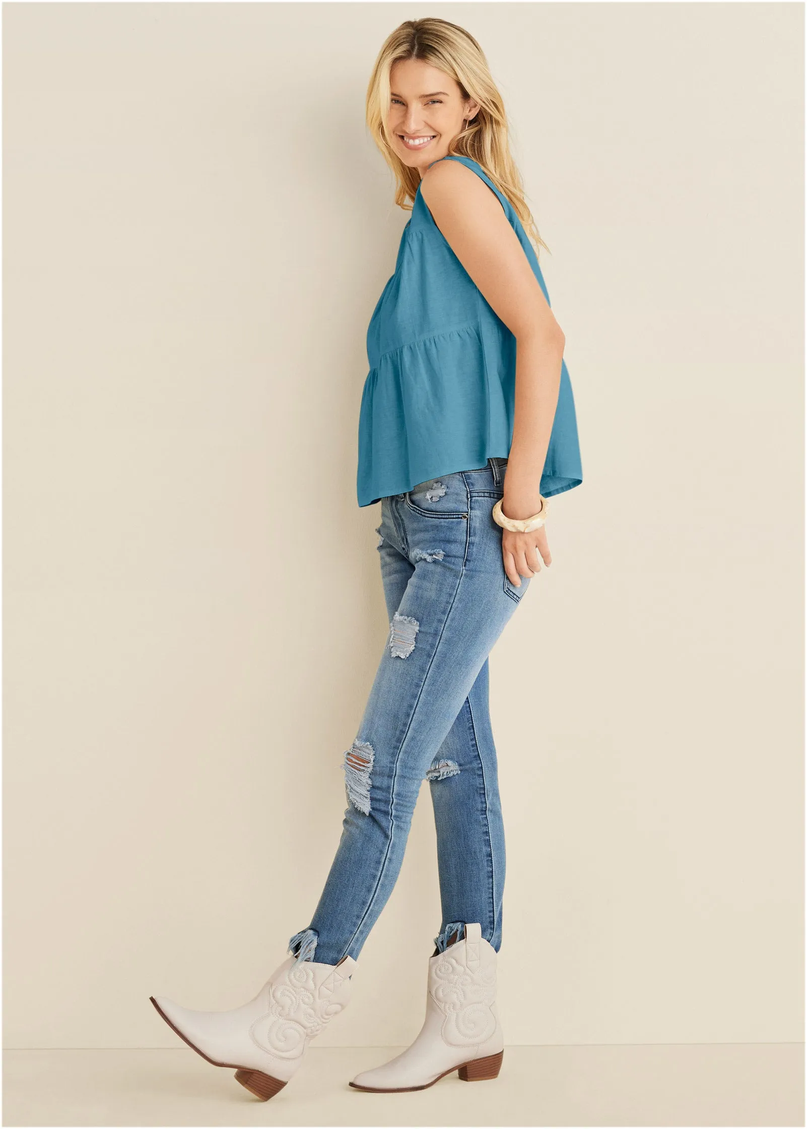 Linen Tiered Tank Top - Blue