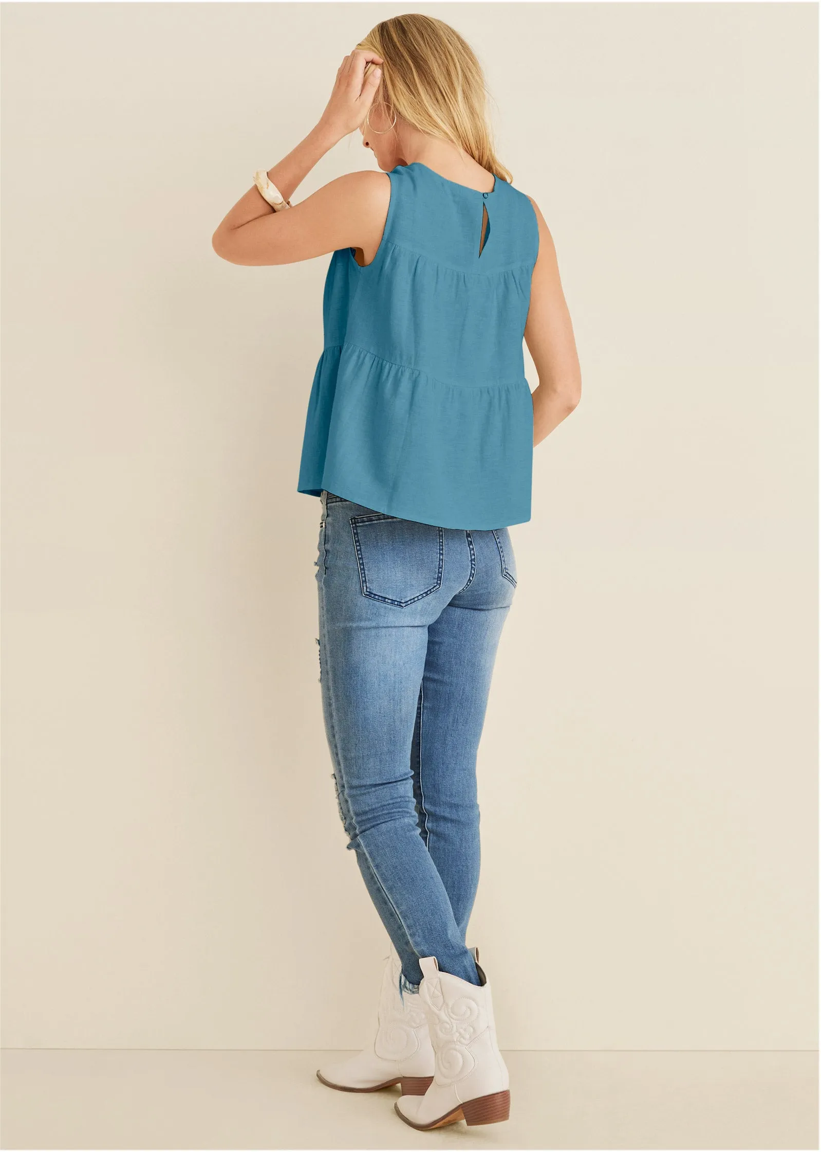 Linen Tiered Tank Top - Blue