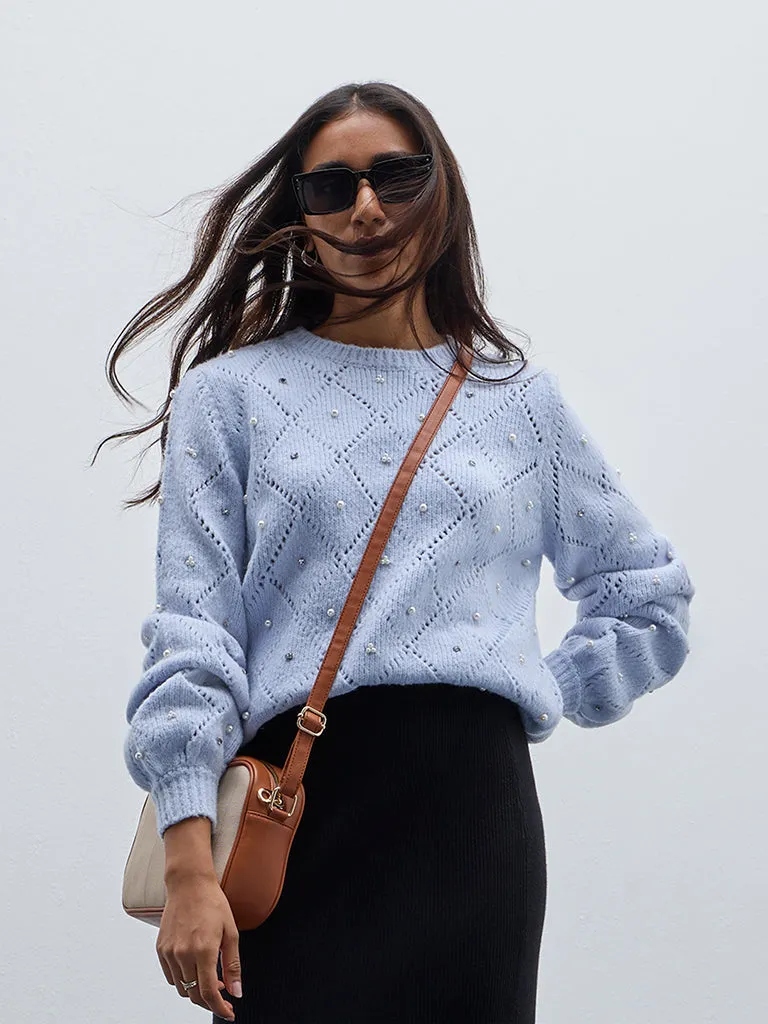 LOV Light Blue Embellished Knitted Sweater